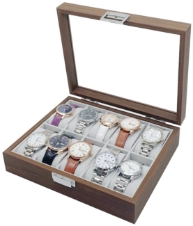 mixed24 Schmuckkasten Holz Uhrenkoffer für 10 Uhren, Glasdeckel Uhrendisplay Uhrenbox Uhrenpräsentation Armbanduhren