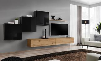 Hängende Wohnwand Switch X in Schwarz und Wotan 330 x 150 cm 6-teilig