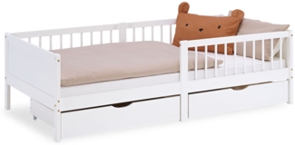Kinderbett 90x200 cm mit 2 Bettkästen Rausfallschutz Weiß Holzbett Einzelbett Gitterbett Massiv Holzbettrahmen