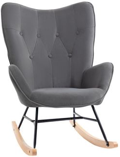 HOMCOM Schaukelstuhl mit Stahlrahmen gepolstert Relax Stuhl Sessel Stuhl Wohnzimmersessel Lounge mit gepolsterter Sitzfläche samtartiges Polyester Gummiholz Metall Dunkelgrau+Natur 65 x 70 x 96 cm