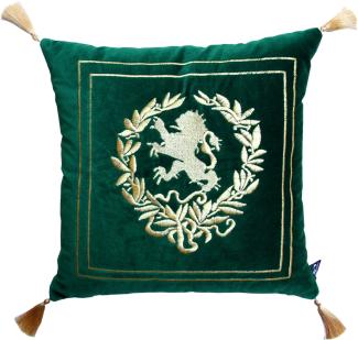 Casa Padrino Luxus Deko Kissen Wappen Dunkelgrün / Gold mit goldenen Troddeln 45 x 45 cm - Feinster Samtstoff - Luxus Wohndeko