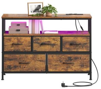 SONGMICS Kommode mit LED-Beleuchtung, Sideboard, Schubladenschrank für Wohnzimmer, mit Ladestation, 5 Schubladen, braun-schwarz