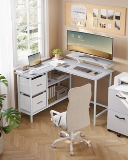 VASAGLE L-förmiger Schreibtisch, Eckschreibtisch, 2 geräumige Schubladen, Computertisch mit Monitorständer, mit verstellbarer Ablage, für Homeoffice, ahornweiß LWD097W01