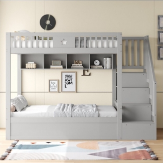 Merax Etagenbett mit hydraulischem Unterbett (1-St, Stockbett Jugendbett Doppelbett Hochbett aus Massivholz), Kinderbett 140x200 cm mit Stauraumtreppe, Regalen & Sicherheitsgeländer