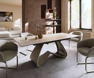 Esstisch Edge 180-220x100 Keramik Laminam® Travertino Bianco Creme-Weiß W-Gestell Effektfinish Titan ausziehbar