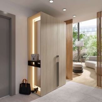 Home affaire Kleiderschrank TRENTO Garderobe, Wäscheschrank mit Spiegel und LED-Beleuchtung (lange Griffe, Maße B/T/H 110,9/58/207,5cm, Made in Europe) wahlweise mit Kleiderstange oder Einlegeböden FSC-zertifiziert