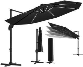 STEELSØN 'Lyrion' Sonnenschirm LED Solar 350x350 cm rund, neigbar und 360-Grad drehbar, schwarz, Ampelschirm inkl. Abdeckung, UV50+