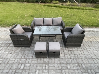 Fimous 7-Sitzer Hoher Rücken Rattan Gartenmöbel Sets mit Rechteckiger Esstisch Liegestühle 3-Sitzer Sofa 2 kleinen Hockern