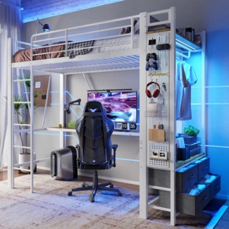 Hochbett, Eisenrahmen mit Schreibtisch, Trockenstab, Einlegeböden, 4 Schubladen, USB+TYPE-C Steckdose, LED-Leiste, Geländer, Trittleiter, Lochbrett, ohne Matratze, Metall, Weiß, 90 x 200 cm