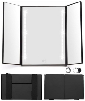 SinLaw LED-Lichtspiegel 360° Schminkspiegel,Drei Spiegel, Tragbarer Spiegel mit Licht, Schwarz, Mit LED-Verstellleuchte und Haken