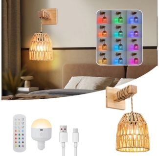 MUPOO Wandleuchte Rattan-Wandleuchte Boho LED Wandleuchte innen,RGB,Batteriebetriebene, 1 Stück, Fernbedienung, 15 Farben, Dimmbar E27 Leuchtmittel, Timer