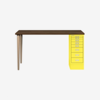 MultiDesk, 2 Eichenfüße, 1 MultiDrawer mit 8 Schüben, Dekor Nussbaum, Farbe Zinkgelb, Maße: H 740 x B 1400 x T 600 mm