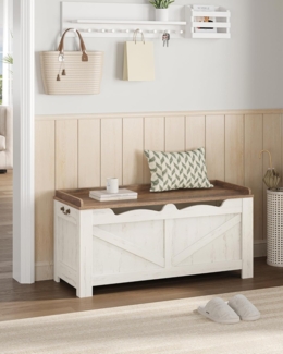Schuhbank, Sitzbank mit Stauraum, Sitztruhe, 2 Stabilen Scharnieren, Aufbewahrungsschrank, 40 x 100 x 48 cm für Flur, Wohnzimmer, X Stabiler Rahmen mit Überdachung, Weiß Braun