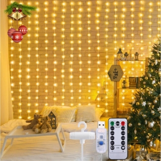 Qualra LED-Lichtervorhang 100/200/300LEDs 8 Modi Lichtervorhang Fenster Innen Weihnachten, 3x1M/3x2M/3x3M USB mit Fernbedienung Wasserdicht Vorhang Lichterkette