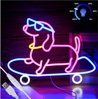 MUPOO LED Dekolicht LED-Neonschild,Dackel Skateboard Hund,LED Neon Sign Acryl Wandleuchte, Dimmbar USB Partybeleuchtung Nachtlicht,Gaming Wanddekoration,Pet Shop
