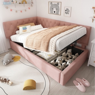 Merax Daybett 90x200 cm Tagesbett mit hydraulischem Stauraum (100×206×77cm(BxLxH), 1 tlg), Schlafsofa Kinderbett Jugendbett Polsterbett in L-Form, Samtstoff