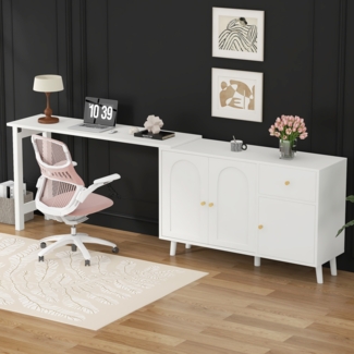 Schreibtisch, Multifunktionaler 2 in 1 Schreibtisch und Sideboard, 360° drehbar, 3 Türen 1 Schublade, FSC-zertifiziert, Holz