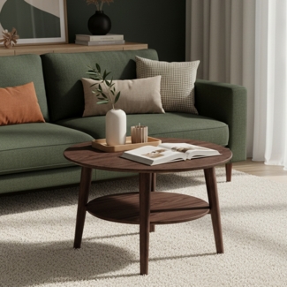 skølm 'Mjölnir' Couchtisch rund, Massivholz Eiche, nussbraun lackiert, Wohnzimmertisch Ø70 cm, Beistelltisch für Wohnzimmer mit Ablage