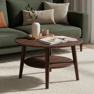 skølm 'Mjölnir' Couchtisch rund, Massivholz Eiche, nussbraun lackiert, Wohnzimmertisch Ø70 cm, Beistelltisch für Wohnzimmer mit Ablage