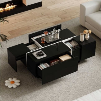 BlingBin Couchtisch Kaffeetisch Beistelltisch Wohnzimmertisch (1-St, mit vier Schubladen, verschiebbare Tischplatte, Tragkraft bis zu 30 kg), Patchwork-Farben mit Hochglanzoptik, 100x60x40 cm