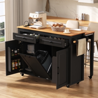 Kücheninsel auf Rollen,Ausziehbarer Essbereich Kücheninsel mit Arbeitsplatte und Abfallbehälterfach Mobile Kücheninsel freistehend mit Steckdosenleisten Ideal für Küche und Esszimmer,Schwarz,