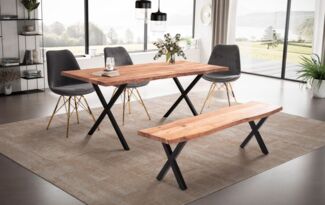 FineBuy Esszimmertisch 120x60x76 cm Akazie Massivholz / Metall Esstisch Baumkante, Küchentisch Massiv mit X-Beinen in Schwarz, Holztisch Speisetisch Esszimmer Rechteckig Braun