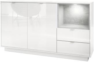 Sideboard Kommode Metro, Korpus in Weiß Hochglanz / Fronten in Weiß Hochglanz mit Einsatz in Beton Oxid Optik, inkl. LED Beleuchtung