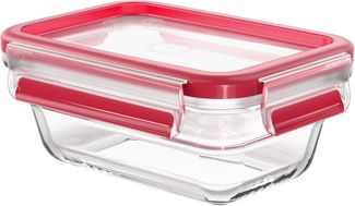 Emsa N10405 Clip & Close Glas Frischhaltedose | 0,45 L | stapelbar | gefrierfest | backofenfest | mikrowellenfest | rutschfestes Stapeln | 100% dicht | spülmaschinenfest | Transparent/Rot