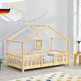 DELUKE® Kinderbett 80x160 cm MILA - mit Matratze Lattenrost Rausfallschutz Hausbett Kinder Haus Bett Kinderzimmer Bodenbett Einzelbett Kinder Bett Klein Kinderbett Montessori Bett Braun