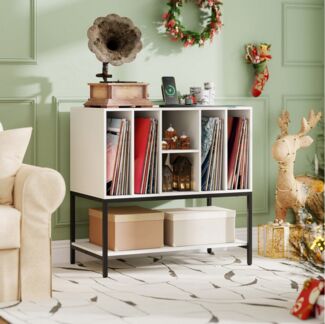 KOMFOTTEU Nachttisch, Plattenspielerständer mit Ladestation & offenes Regale