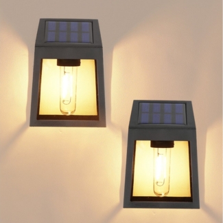 BlingBin LED Gartenleuchte 2 Stück Solarlampen Wandleuchte für Außen Wolfram Solarleuchten, IP65 Wasserdicht, LED fest integriert, warmes Licht, LED Solar Aussenleuchte Gartenlampe Zaun Beleuchtung Solarlicht