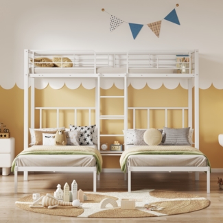 Bett 90x200 cm Dreifach-Etagenbett aus Metall mit Leiter und Ablagetisch, ohne Matratze, weiß