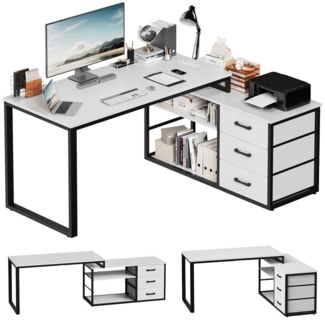 HOMALL Schreibtisch L-förmiger Eckschreibtisch mit USB-Anschluss und zwei Steckdosen. (Abmessungen: 140 x 105 x 75 cm, L-förmiger Schreibtisch Gamingtisch, umwandelbar in einen I-förmigen Schreibtisch, mit 3 Schubladen und 2 Fächern)