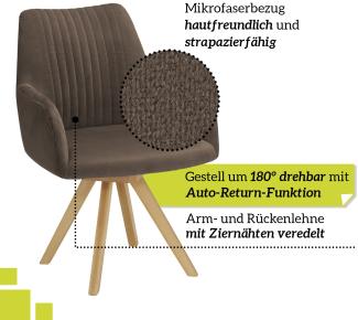 smart drehbarer Esszimmerstuhl mit Armlehnen - Bezug Mikrofaser Braun, 180° drehbar mit Auto-Return-Funktion - Massivholz Stuhlbeine - Küchenstuhl, Polsterstuhl mit Schaumstofffüllung