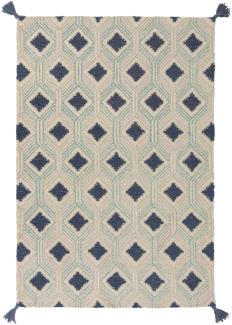 Kadima Design Handgetufteter Wollteppich in Beige-Blau mit Quasten - "Ock Dean". 120x170 cm