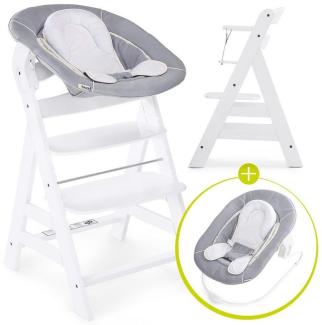 Hauck Hochstuhl Alpha Plus White Newborn Set (Set), Holz Babystuhl ab Geburt mit Aufsatz für Neugeborene höhenverstellbar