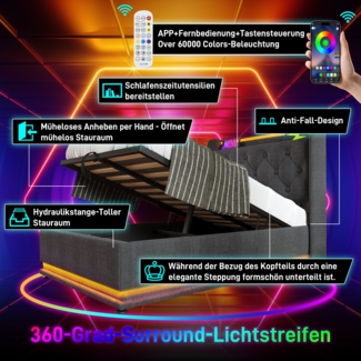 Polsterbett Einzelbett, 360-Surround-LED-Funktion, Drucktaste/App/Fernbedienung, hydraulisches Lagerbett, gepolstertes Kopfteil mit USB Typ-C Ladefunktion, Leinen-Material, grau, 90 x 200 cm (mit Matratze)