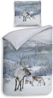 Heckett & Lane Mako-Satin Bettwäsche 135x200 Doriane white blau Hirsch Winter Bäume