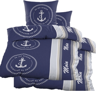 KH-Haushaltshandel Bettwäsche 4-tlg. Seersucker Bettwäsche 2x (135x200 +80x80cm), Maritim, Seersucker, 4 teilig, blau weiß beige, Anker/Moin, maritim, bügelfrei
