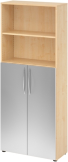 bümö Mehrzweckschrank 80cm breit, Aktenschrank o. Schuhschrank hoch, Regal Schrank-Kombi, Küchenschrank in Ahorn/Silber aus Holz, Vorratsschrank & Haushaltsschrank mit Metallgriffen, 4770-3-S-BM