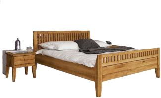 Bett Sydo 8 aus Wildeiche massiv 100x200 cm mit Holzkopfteil und hohem Fußteil