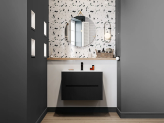 Vente-unique - Waschbeckenunterschrank hängend - 80 cm - Schwarz gerippt - PAVANI