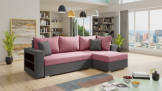 Ecksofa Lord mit praktischen Regal - Sofa mit Bettkasten und Schlaffunktion, Schlafsofa, Polsterecke, Couch L-Form, Couchgarnitur, Sofagarnitur (Grau + Pink (Alova 10 + 78), Ecksofa Rechts)