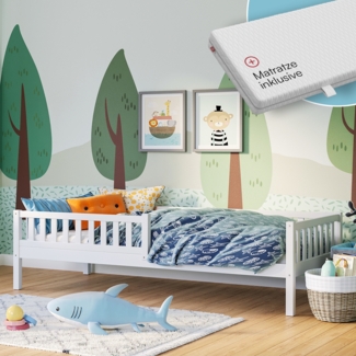 Bellabino 'Vils' Kinderbett 90x200 cm mit Matratze, weiß, Kiefer Massivholz, Montessori Bett mit Lattenrost und mit abnehmbarem Rausfallschutz