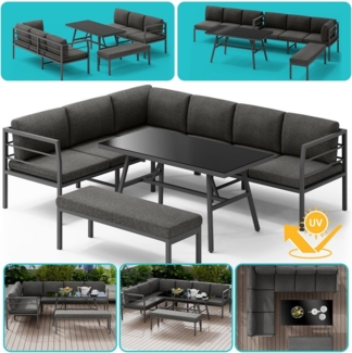 Mucola Essgruppe Aluminium Lounge Ecksofa mit Sitzbank wetterfest Grau Tisch Entspannungsoase Gartenmöbel Ecksitzgarnitur Sofa Outdoor-Möbel