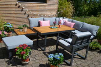 Ecklounge Santorini ACACIA Wood - Tisch höhenverstellbar + 1 Lounge Sessel + 1 Hocker/
