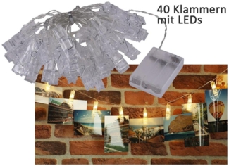 LED Lichterkette mit 40 Foto-Clips warmweiß, transp. Kabel, Batteriebetrieb