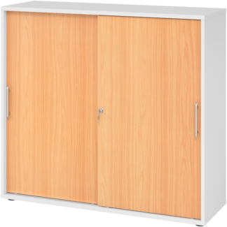 bümö Schiebetürenschrank 3OH - Aktenschrank abschließbar, Sideboard Schrank mit Schiebetüren in Weiß/Buche, Relinggriff - Büroschrank aus Holz mit Schiebetür, Büro Kommode für Ordner & Co, 1753S-W-6-RE
