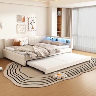 Merax Daybett LED Polsterbett Schlafsofa 140x200cm & Ausziehbett 90x190cm & Aufladen, beige