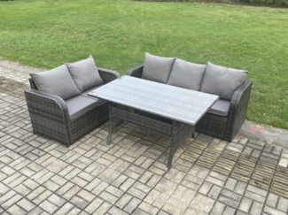 Fimous Terrassenmöbel Set Polyrattan Langer rechteckiger Esstisch und Lounge Sofa set Dunkelgrau gemischt